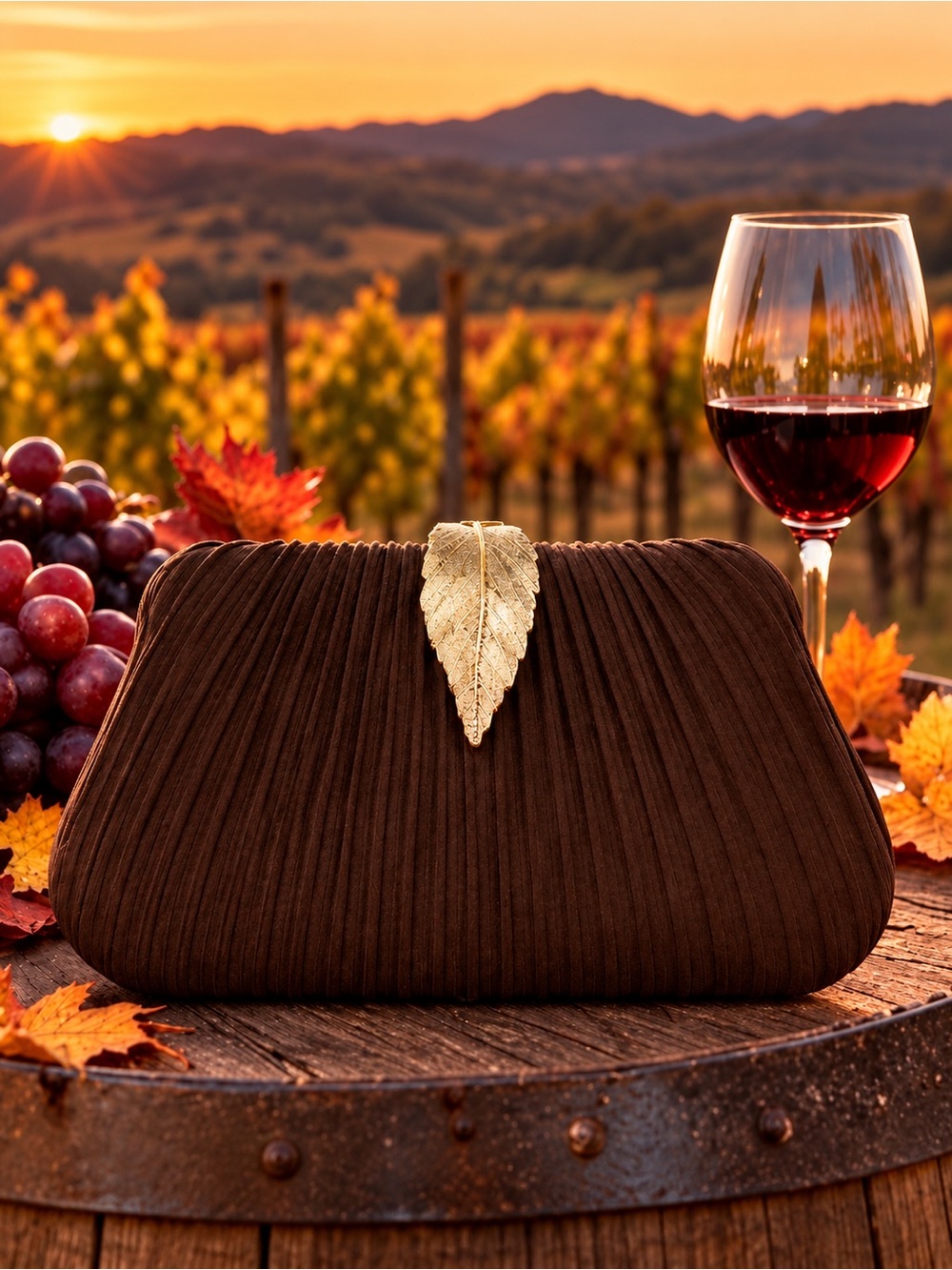 Dedire ~ Elegant Brown Pleated Leaf-Accent Evening Clutch